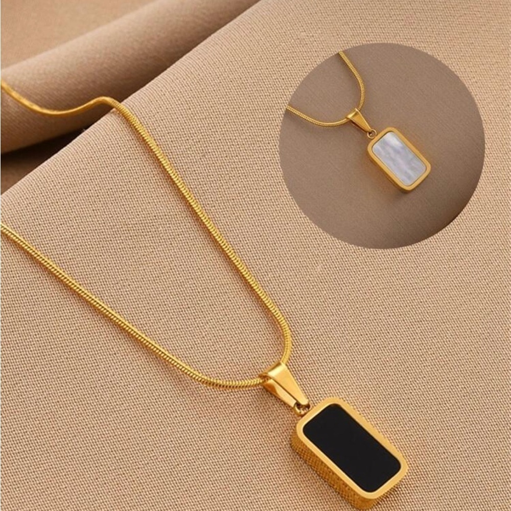 Gold Plated Stainless Steel Double Sided Rectangle Pendant Chain Necklace